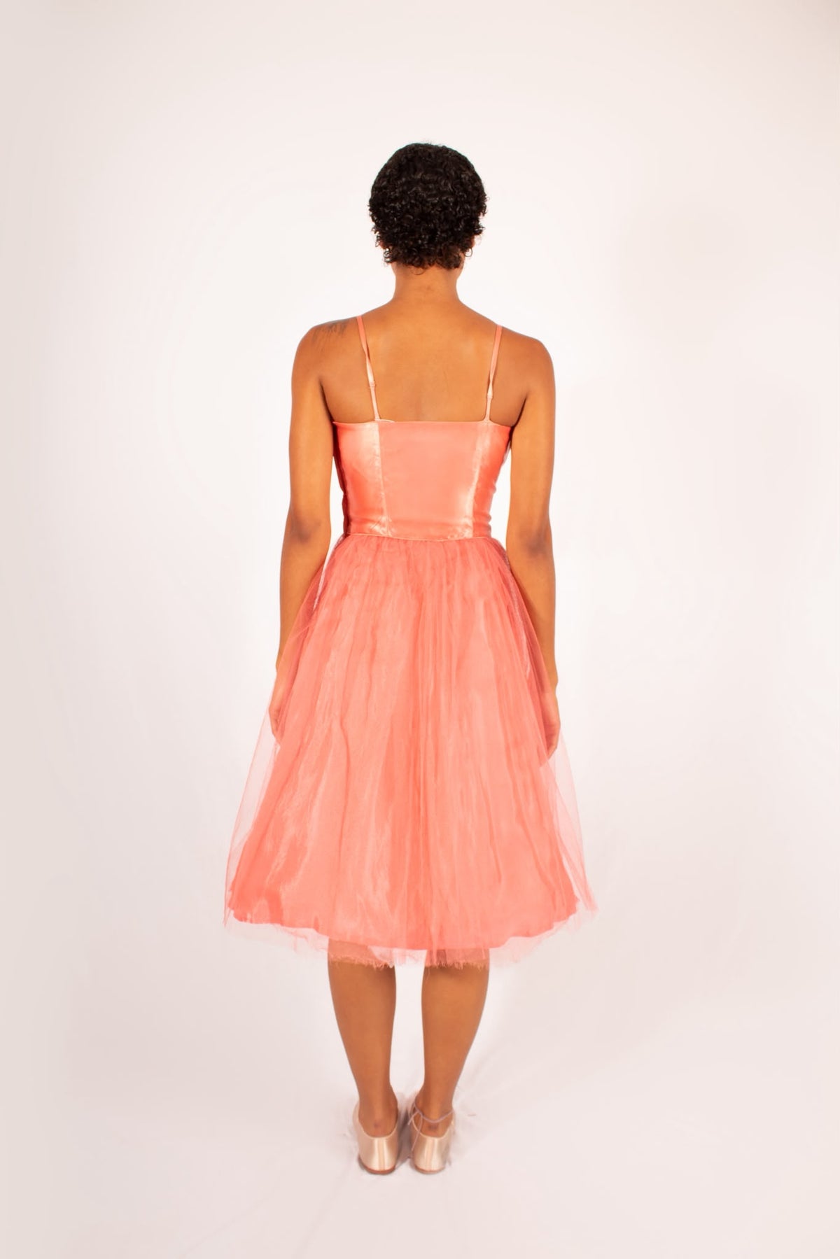 1950s Handmade Coral Tulle Silk Satin Dress