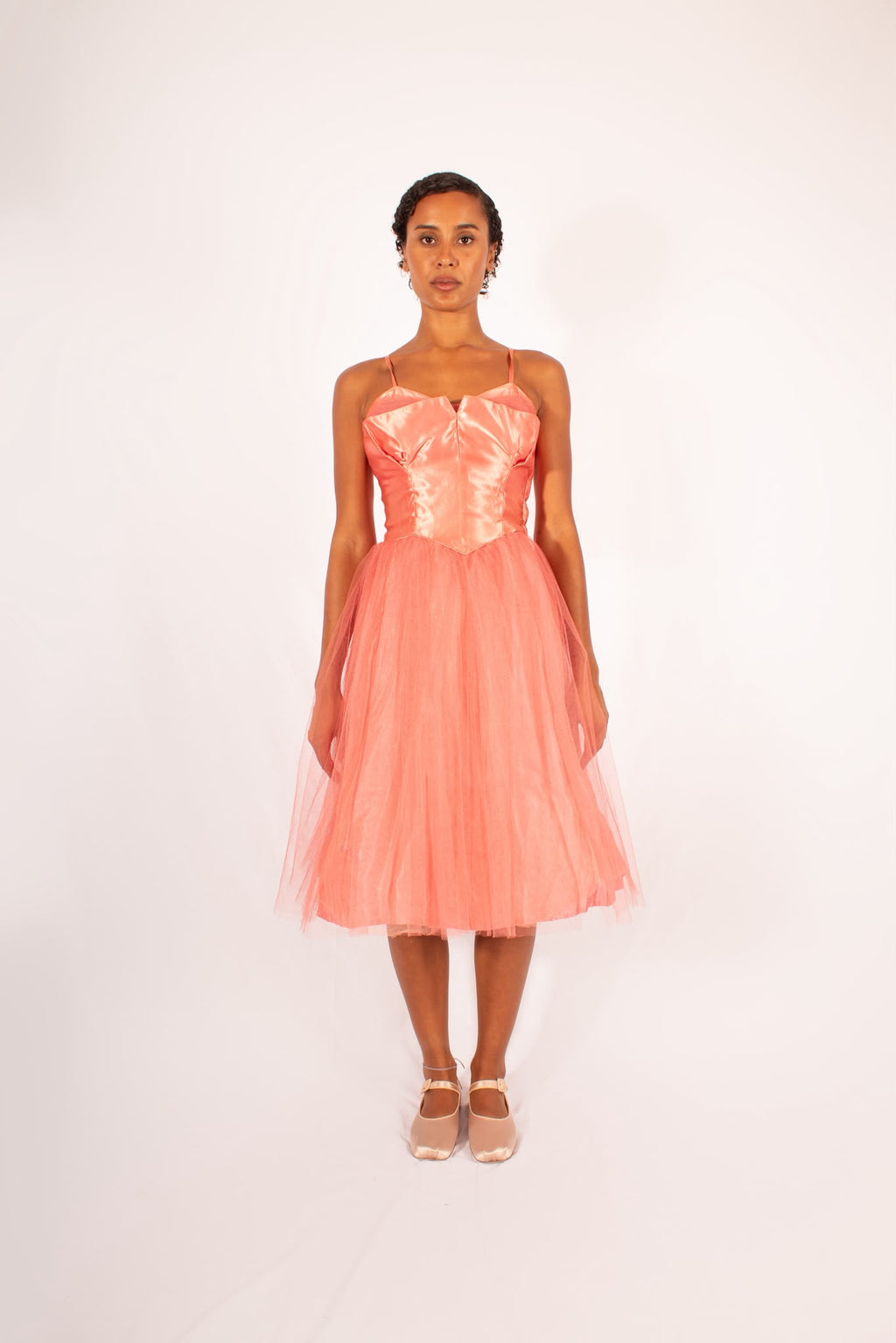 1950s Handmade Coral Tulle Silk Satin Dress