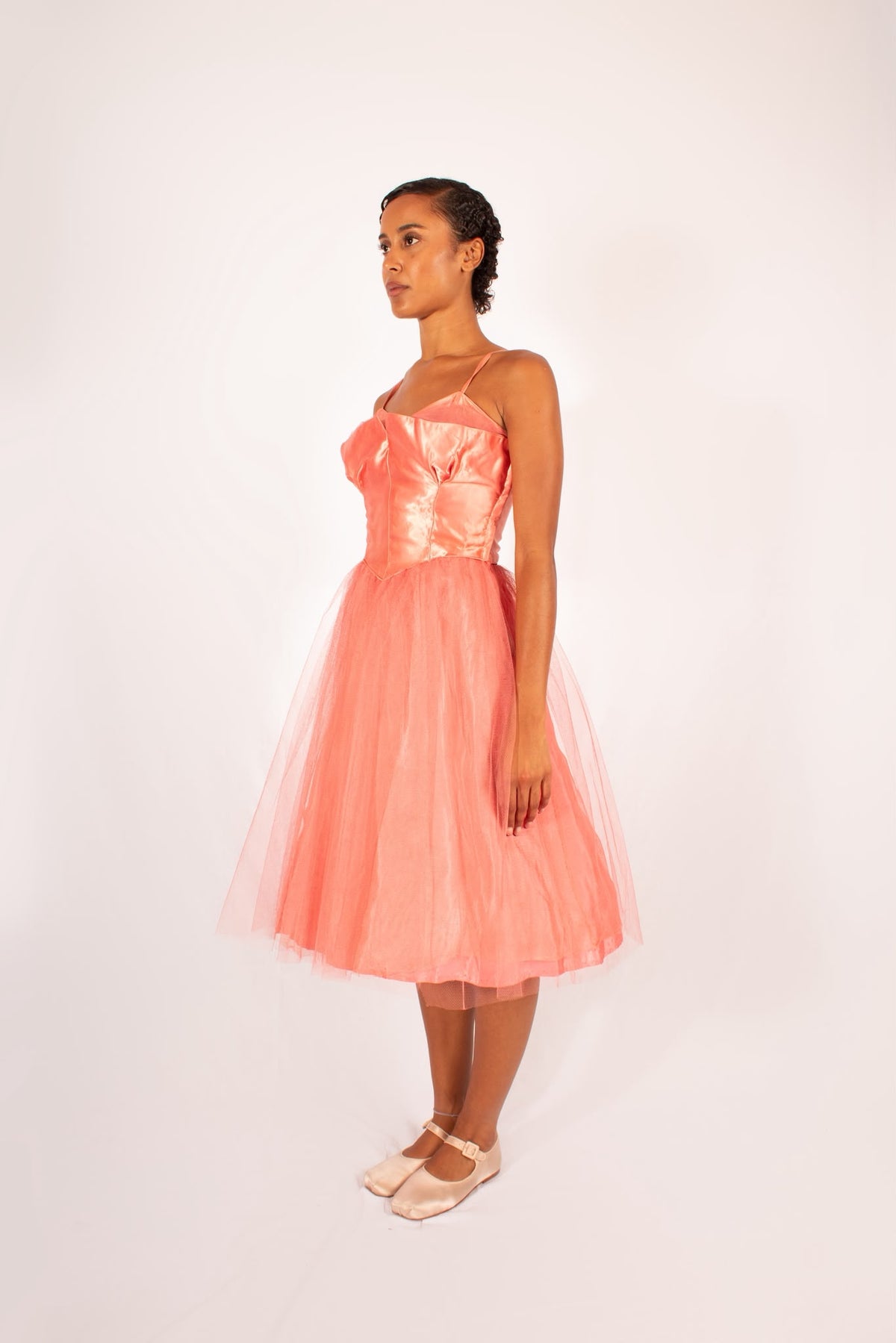 1950s Handmade Coral Tulle Silk Satin Dress