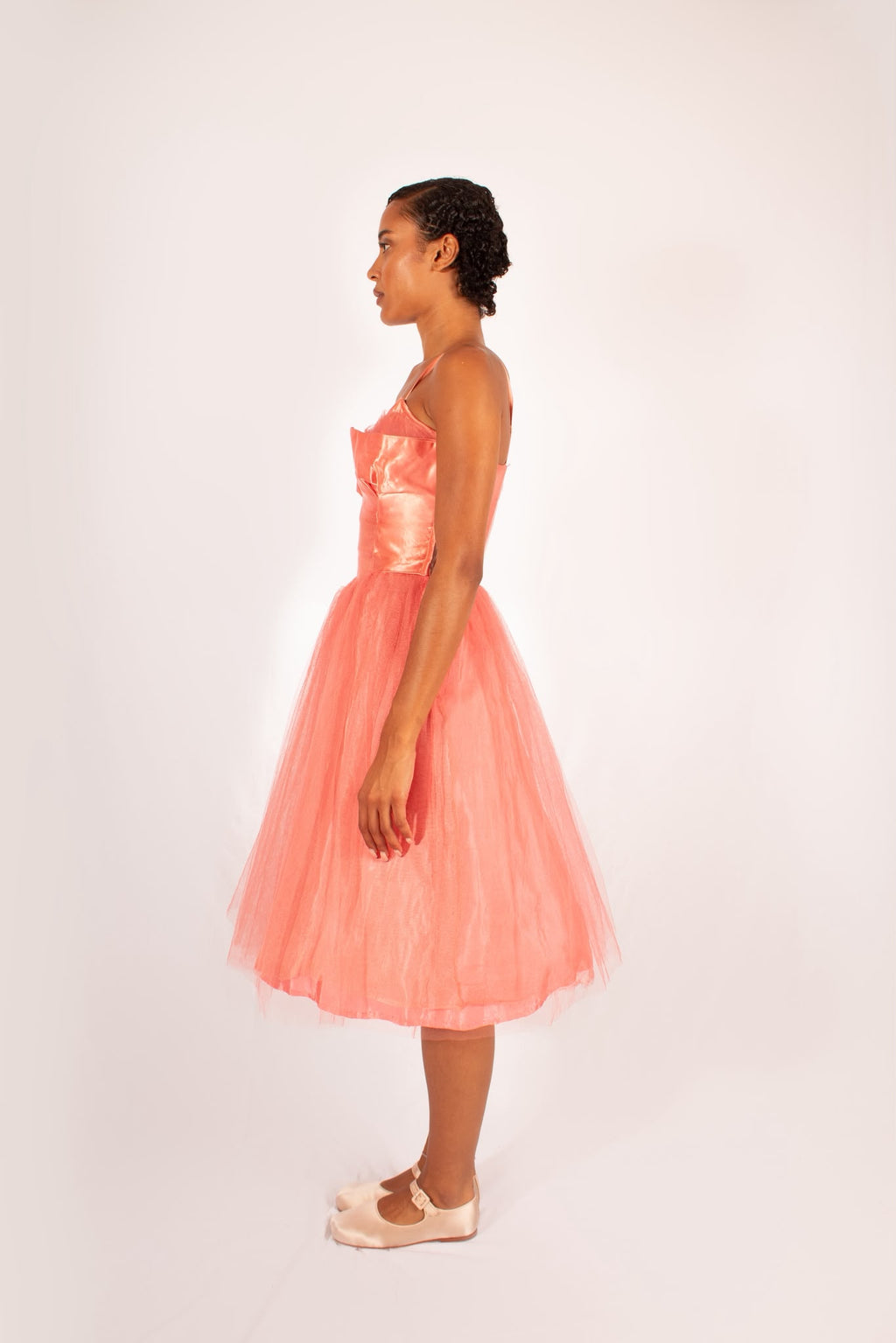 1950s Handmade Coral Tulle Silk Satin Dress