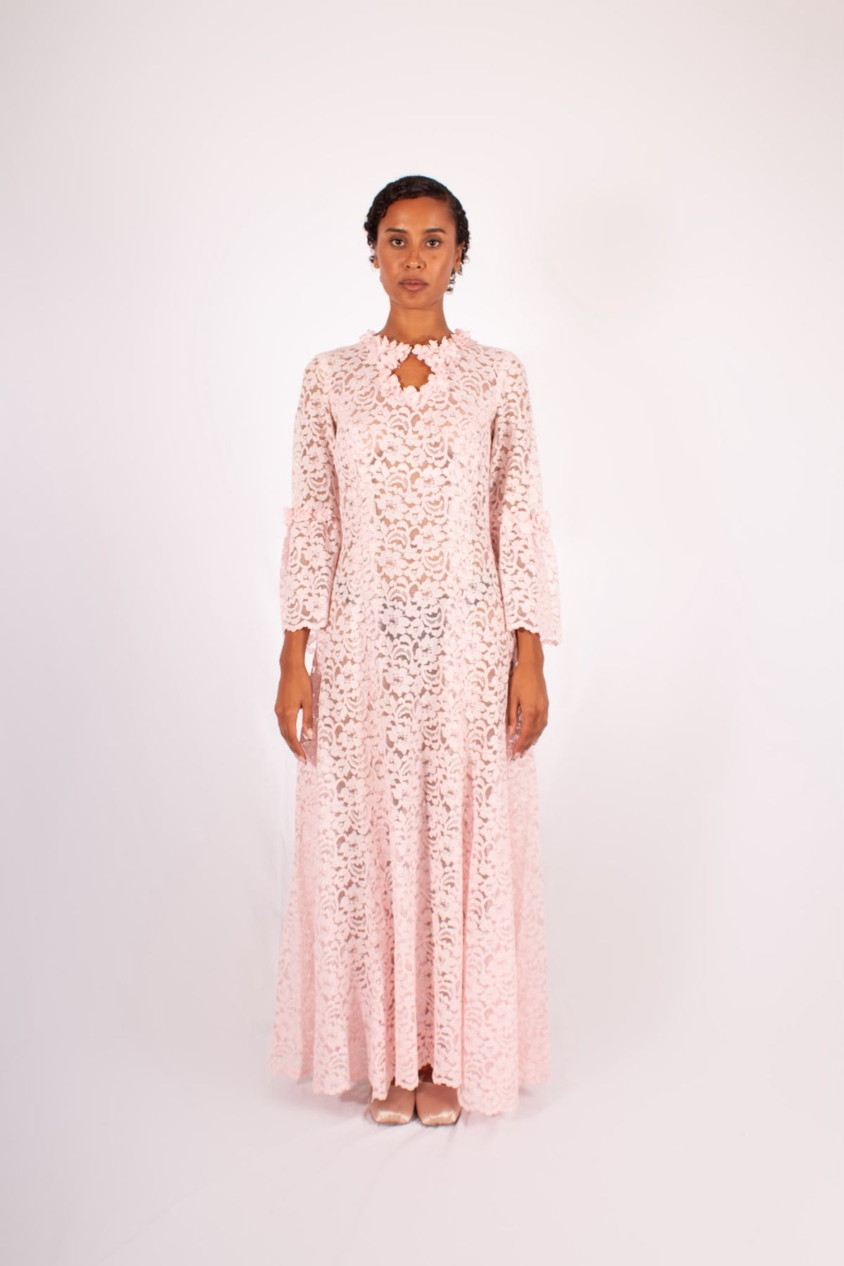 1970s Blush Pink Lace Maxi Dress