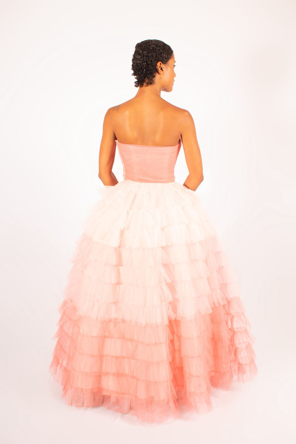 1950s Pink Gradient Tiered Tulle Gown